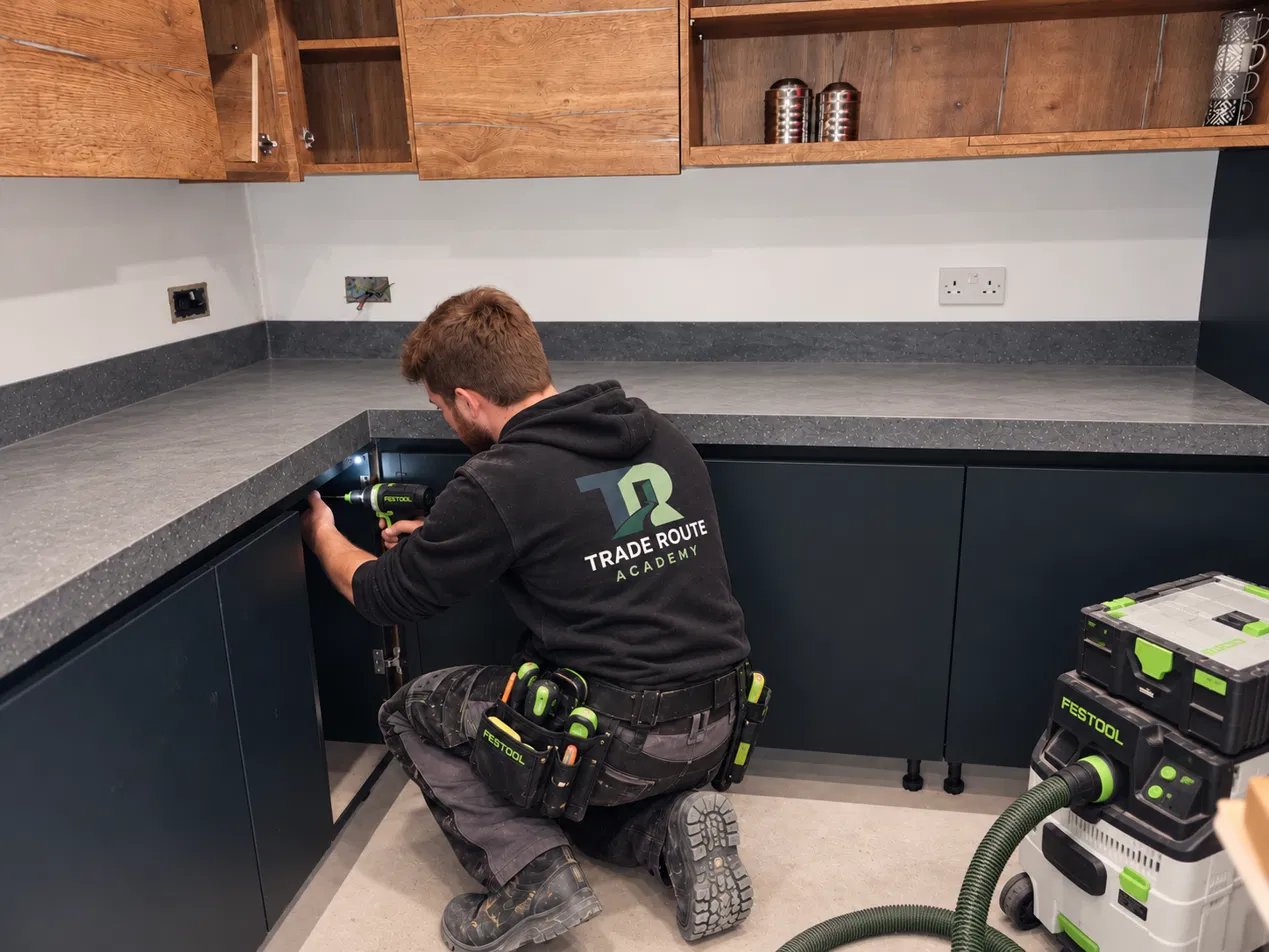 Kitchen installer in a Trade Route Academy hoodie fitting base units and worktops